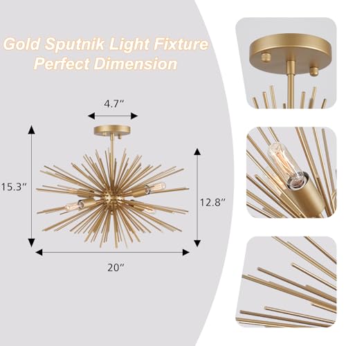20in 4 Light Gold Sputnik Chandelier Ceiling Light Fixture