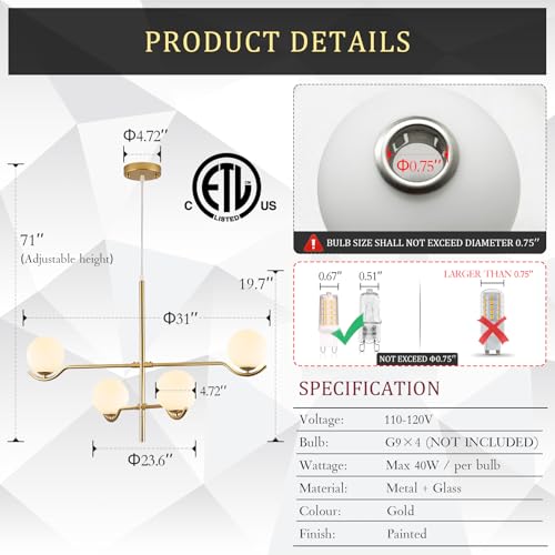 Modern 31" 4 Light Gold Sputnik Chandelier with Milk Glass Globe (4 Count)