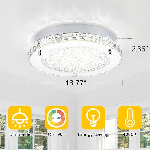 Crystal Ceiling Light Flush Mount Ceiling Light Fixture 4000K Dimmable