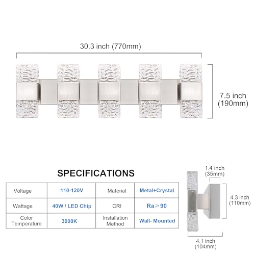 30.3 in LED Bathroom Lighting Fixtures Brushed Nickel Dimmable 40W