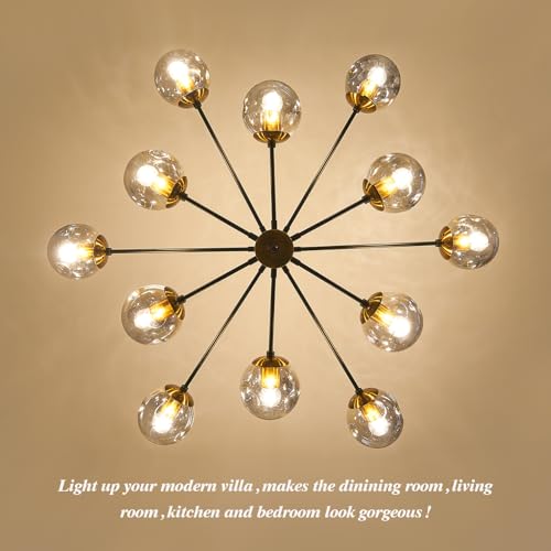 12 Globe Glass Bubble Black and Gold Modern 2 Tiered Sputnik Chandelier