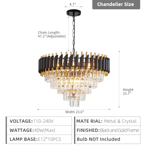10 Light Large Crystal Chandelier 24" Dining Room Light Fixtures 5 Tiers Flush Mount Black and Gold Chandelier Round Large Chandeliers for Dining Room Living Room Kitchen Entryway Foyer