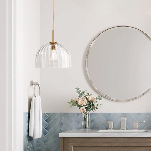 Clear Ribbed Glass Pendant Light Kitchen Island 11.8Inch Brass Hanging Lamp