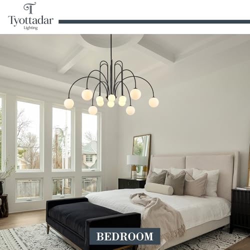 12 Light Large Black Sputnik Chandelier L52’’ Large Mid Century Pendant Light Fixture with Milk Glass Globe Shades Luxury Foyer Chandelier for High Ceiling Staircase Living Room Dining Room