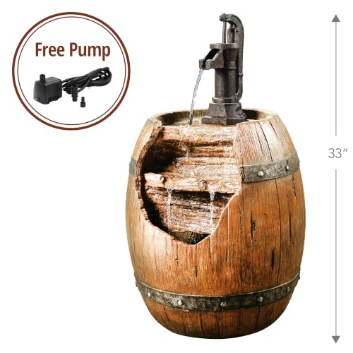 Vintage Barrel Waterfall Fountain with Pump for Outdoor Patio Garden Backyard Decking