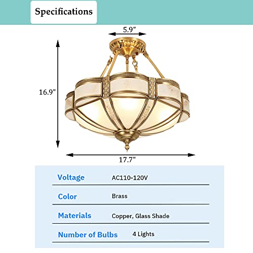 Brass Semi Flush Mount Ceiling Light Fixture with Ceramic Light Socket