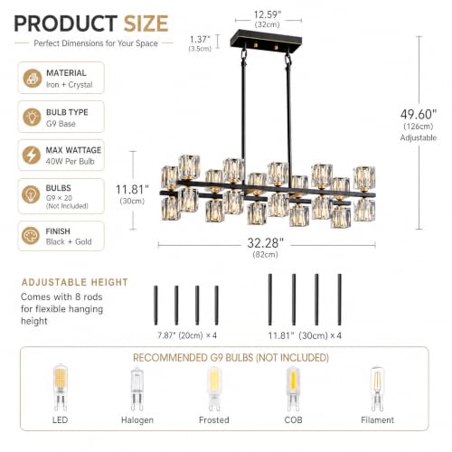 20 Light Linear Crystal Chandelier for Dining Room Kitchen Island 32inch