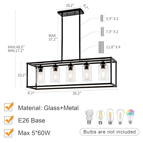 5 Light Dining Room Light Fixture Matte Black Farmhouse Chandelier Over Table Rectangular Kitchen Pendant Lighting Rectangle Modern Industrial Living Room Hanging Lights Adjustable Height