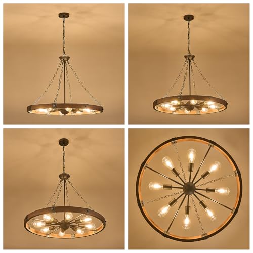 Farmhouse Wagon Wheel Chandelier 31.5" Walnut Rustic Chandeliers 8