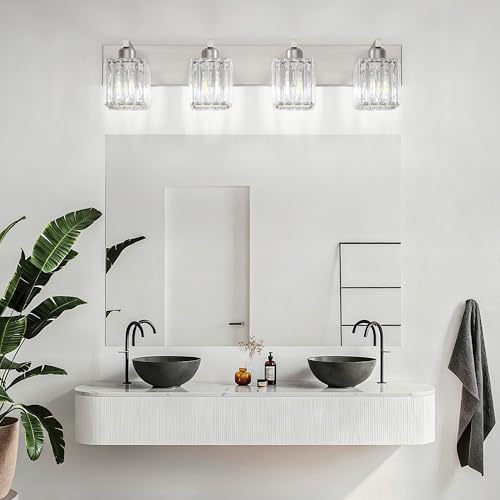 Brushed Nickel Bathroom Lighting Fixtures 4 Light Crystal Modern Bathroom Vanity Light