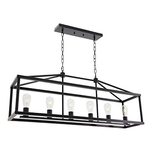 Modern Rectangle Chandelier 6 Light Black Industrial Vintage Kitchen Island Lighting Fixture Hanging Pendant Lamp Farmhouse Metal Cage Ceiling Light Fixtures for Living Room Dining Room Foyer
