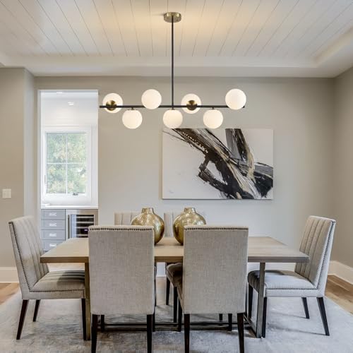 43.3" Black Gold Linear Glass Globe Sputnik Chandelier for Dining Room