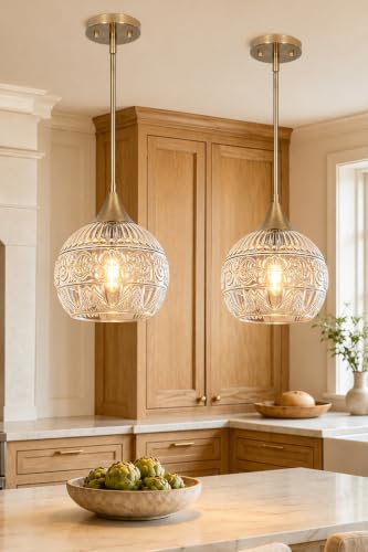 DSMJFU Gold Vintage Glass Pendant Lights for Kitchen Island (2 Count)