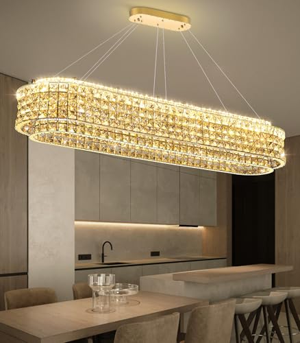 L47 x W12 Modern Chandeliers for Dining Room LED Dimmable Pendant Lighting Ceiling Chandelier Crystal Rectangle Light Fixtures Gold
