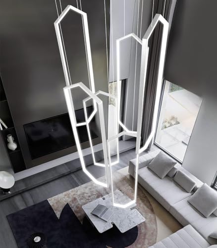 6 Rings Silver Modern Long Large Chandelier Dimmable LED High Ceiling Chandelier for Living Room Foyer Staircase Enterway Hanging Light Fixture Modern Ceiling Light