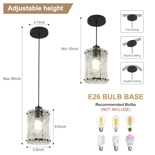 Black Pendant Lights Kitchen Island 2 Pack Modern Water Ripple Glass Pendant Lights Fixtures Round Adjustable Hanging Pendant Lighting for Kitchen Island Dining Room Over Sink Table Entryway (2 Count)