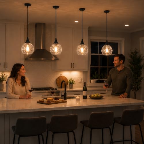 Modern Black Pendant Lights 2 Pack with Hammered Glass for Kitchen Sink (2 Count)