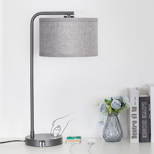 Gray Bedside Lamp with USB C+A Ports