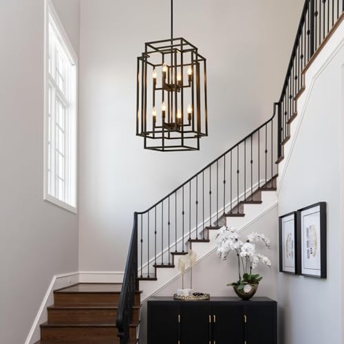 32" H 8 Light Lantern Pendant Light Black Chandeliers for High Ceilings
