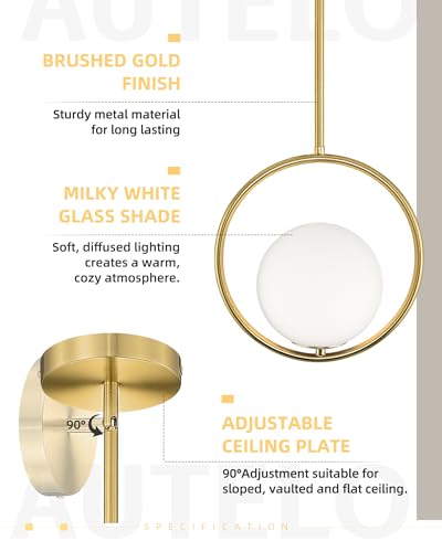 1 Light 10 Inch Brushed Gold Glass Pendant Lights Kitchen Island