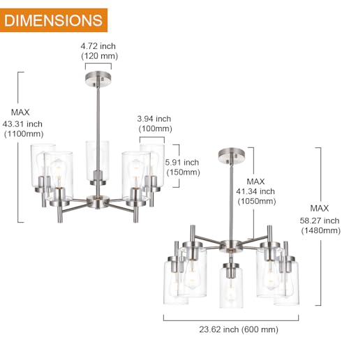Contemporary 5 Light Large Chandeliers Modern Clear Glass Shades Pendant Lighting Brushed Polished Nickel Dining Room Lighting Fixtures Hanging Adjustable Wire Semi Flush Ceiling Lights