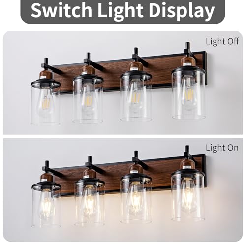 4 Light Farmhouse Bathroom Light Fixtures Vintage Bathroom Vanity Lights Over Mirror Black and Wood Painted Metal Vanity Light for Bathroom with Glass Shades E26 Socket