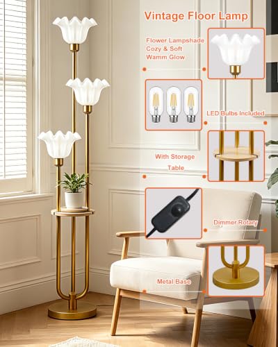 Flower Floor Lamp for Living Room Dimmable Vintage Floor Lamp with Shelf& Bulbs Included Mid Century Gold Floral Standing Tall Lamp for Bedroom (3 Count)