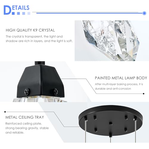 3 Lights Crystal Pendant Light Modern Cluster Chandelier Dimmable Pendant Light Fixture with Black Teardrop Design Stylish Lighting for Kitchen Island