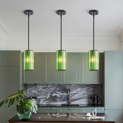 Modern Crystal Pendant Light Mini Dark Green Chandeliers Adjustable Pendant Lights Fixture for Kitchen Island Dinning Room Corridor Bedroom (2 Count)