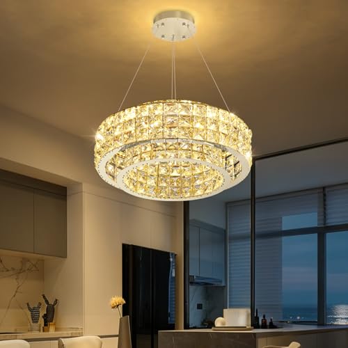 LED Chandeliers for Dining Room LED Dimmable Pendant Lights for Kitchen Island Crystal Adjustable Chandelier for Bedroom Hallway Entrance 16" Silver Light