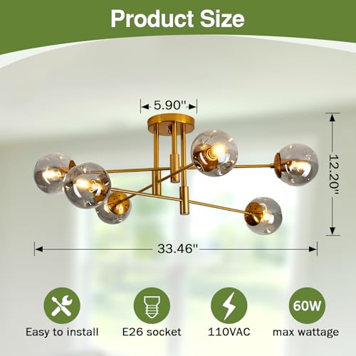 6 Lights Glass Globe Chandelier Modern Flush Mount Ceiling Light Fixture Gold Farmhouse Lighting for Dining Room Living Room Bedroom Kitchen Passageway