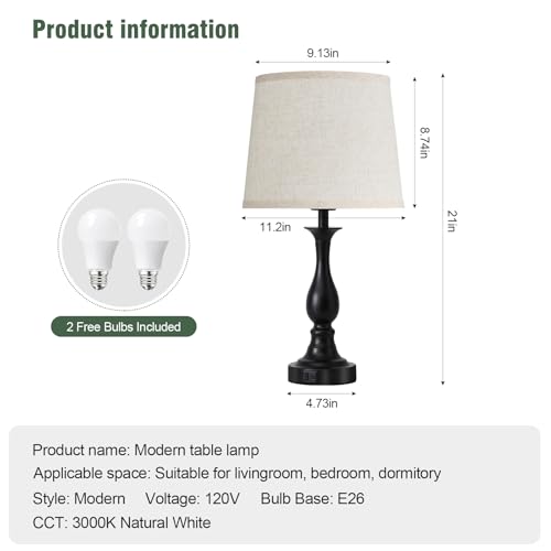 Bedside Table Lamp Touch Control Bedroom Lamps with USB A + C Charging Port 3 Way Dimmable Touch Lamps for Nightstand Living Room Bedroom Dorm Home Office Reading (2 Count)