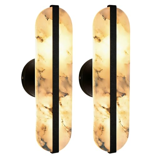 15.7" Natural Alabaster Wall Sconces Marble Wall Sconces Black Bathroom Vanity Wall Light Fixtures Modern Oval Stone Wall Lamp for Bedroom Living Room Hallway Restaurant