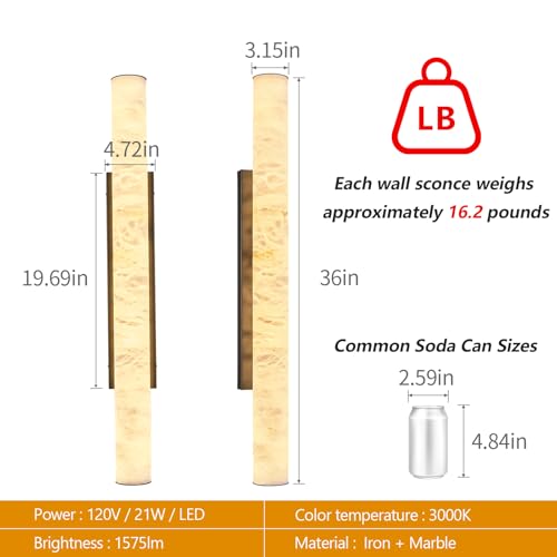 Natural Alabaster Wall Sconces Spanish Marble Wall Light Cylinder Modern Black LED Sconce for Living Room Bedroom Bathroom Stairs（L