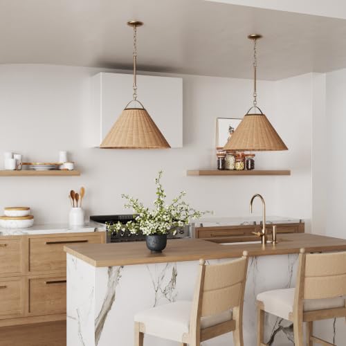 Cyprus Rattan Pendant Light with Coastal Wicker Cone Shade and Adjustable Brass Chain