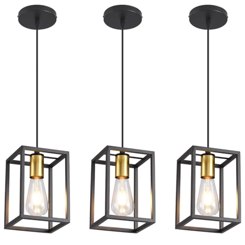 Black Pendant Lights for Kitchen Island Industrial Lantern Pendant Light Fixtures with Golden lamp Cup (3 Count)