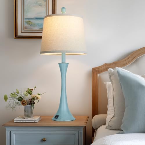 Blue Metal Table Lamp Set of 2 with USB C+A Ports (2 Count)