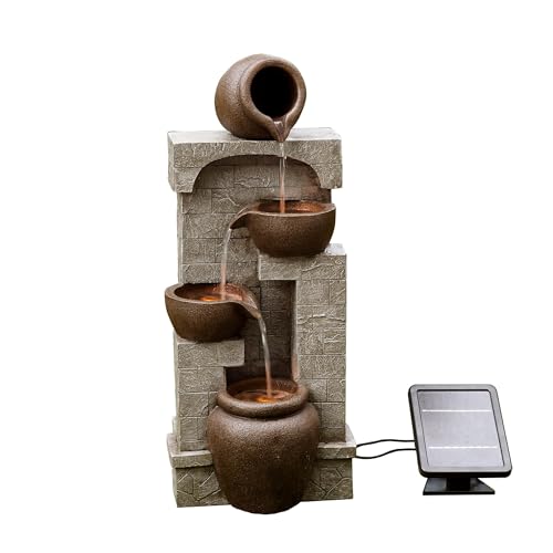 28 in. Cascading Bowls and Stacked Stones LED Outdoor Water Fountain for Outdoor Living Spaces to Create a Calming Oasis in Gardens and Landscaping