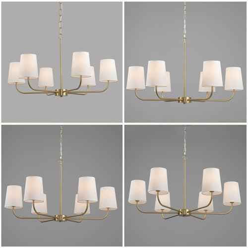 6-Light Brushed Gold Pendant Chandelier with White Linen Shades, E12 Base - Farmhouse & Industrial Style for Kitchen, Living Room, Dining Room, or Bedroom Lighting
