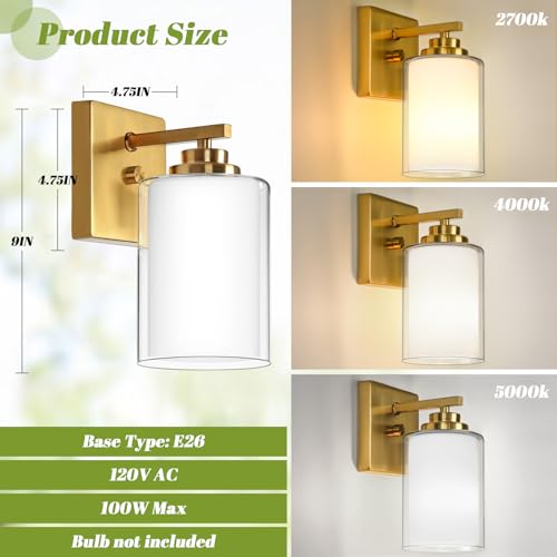 Wall Sconces Set of 2 with Double Clear Glass Shade for Bathroom (2 Count)