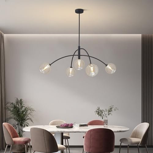 5 Light Modern Brass Chandelier Fixture Globe Glass Shade Pendant Light Black Kitchen Large Chandelier for Dining Room Kitchen Bedroom