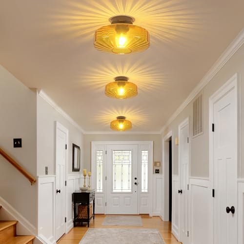 Amber Glass Ceiling Light Mid Century Retro Semi Flush Mount Ceiling Light