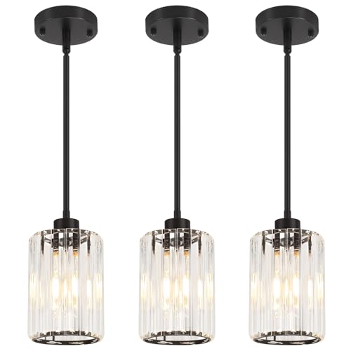 3 Pack Black Pendant Lights Kitchen Island Crystal Hanging Lighting Fixture (3 Count)