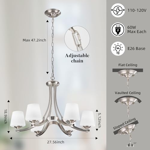 6 Light Brushed Nickel Chandeliers for Dining Room with Frosted Glass 47.2" Adjustable Silver Pendant Ceiling Lighting Rustic Vintage Hanging Lamp for Farmhouse Kitchen Island Dining Table Living Room