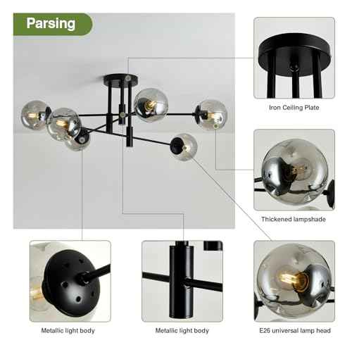 6-Lights Glass Globe Sputnik Chandelier Modern Flush Mount Ceiling Light Fixture Black Farmhouse Lighting for Dining Room Living Room Bedroom Kitchen Passageway.