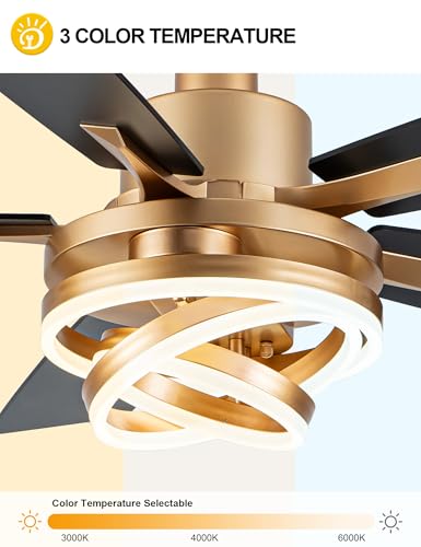 52" Black and Gold Ceiling Fans with Lights Modern Chandelier Fan