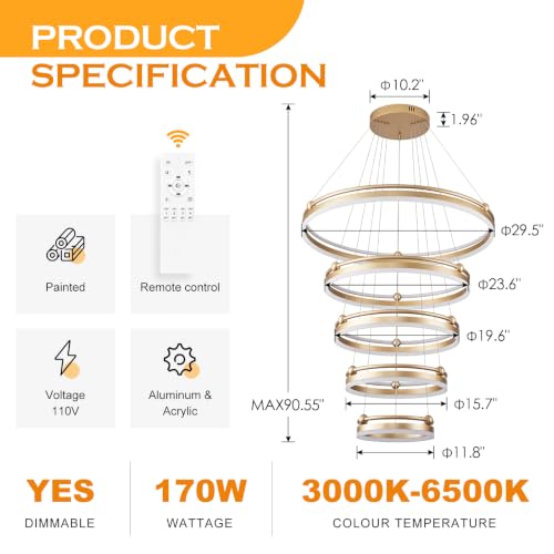 5 Rings Modern LED Chandelier Gold Dimmable Large High Ceiling Chandeliers Foyer