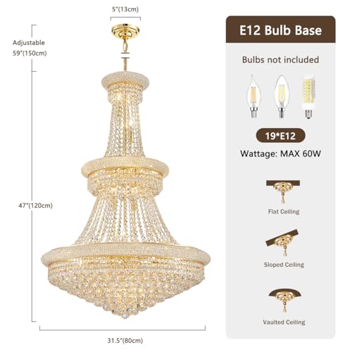19 Lights High Ceiling Chandelier Modern Gold Crystal Chandeliers Large Foyer Chandelier Fixtures for Staircase Living Room Hallway Entryway