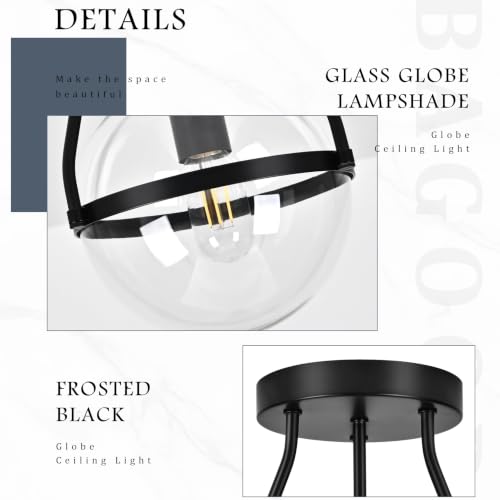 8 Inch Mid Century Ceiling Light Modern Black Semi Flush Mount Ceiling Light with Clear Glass Shade Globe Semi Flush Mount Ceiling Light Fixture for Bedroom Hallway Bathroom Foyer
