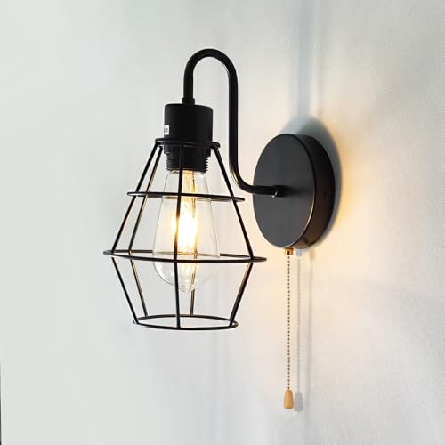 Pull Chain Wall Sconce Black Wire Cage Lamp Shade